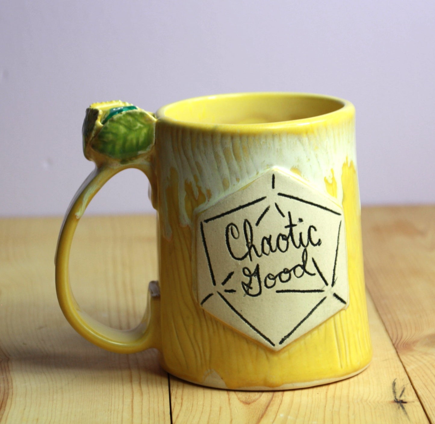 Yellow Chaotic Good Dice Fidget Mug
