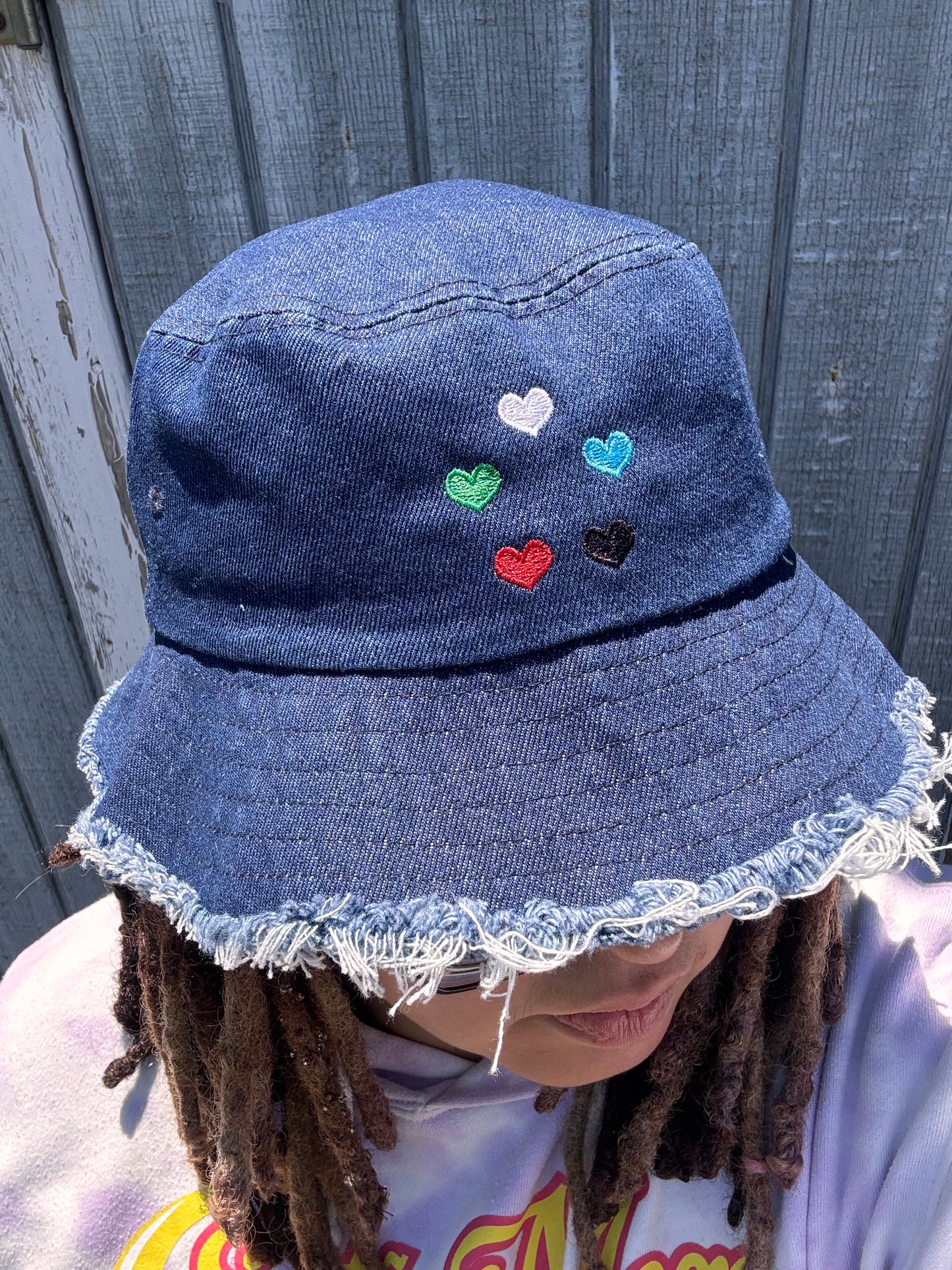 Mana Hearts Distressed denim bucket hat