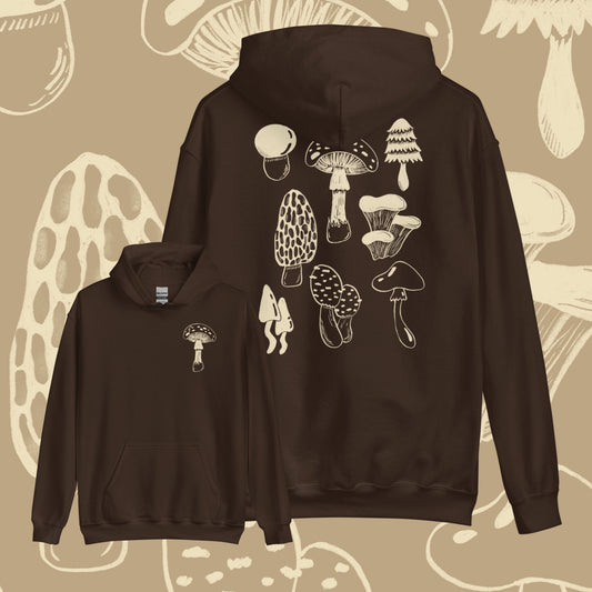 A dark brown hoodie shown in two sizes, with a larger back view and a smaller front view, both featuring white line-art illustrations of mushrooms. The background is a beige pattern of mushroom silhouettes.