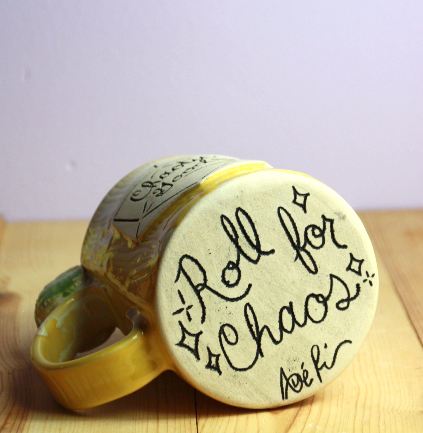 Yellow Chaotic Good Dice Fidget Mug