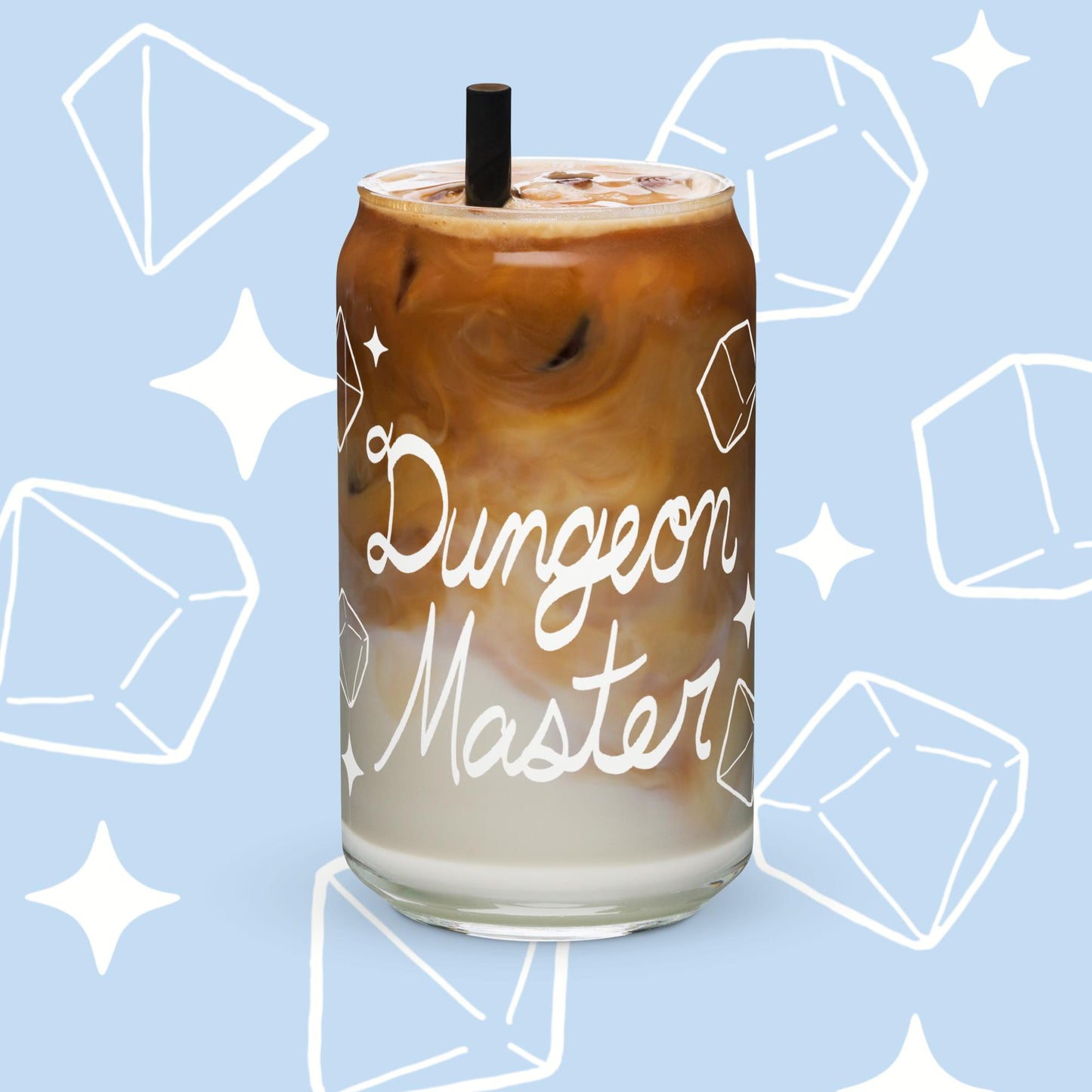 can shaped glass that says dungeon master and features hand drawn polyhedral dice wrapped around the glass.