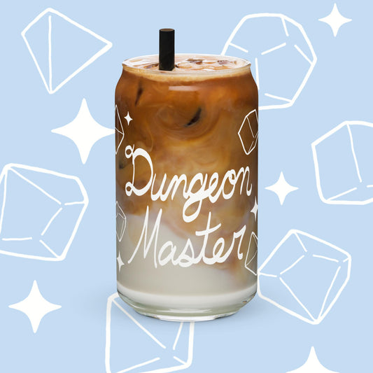 can shaped glass that says dungeon master and features hand drawn polyhedral dice wrapped around the glass.