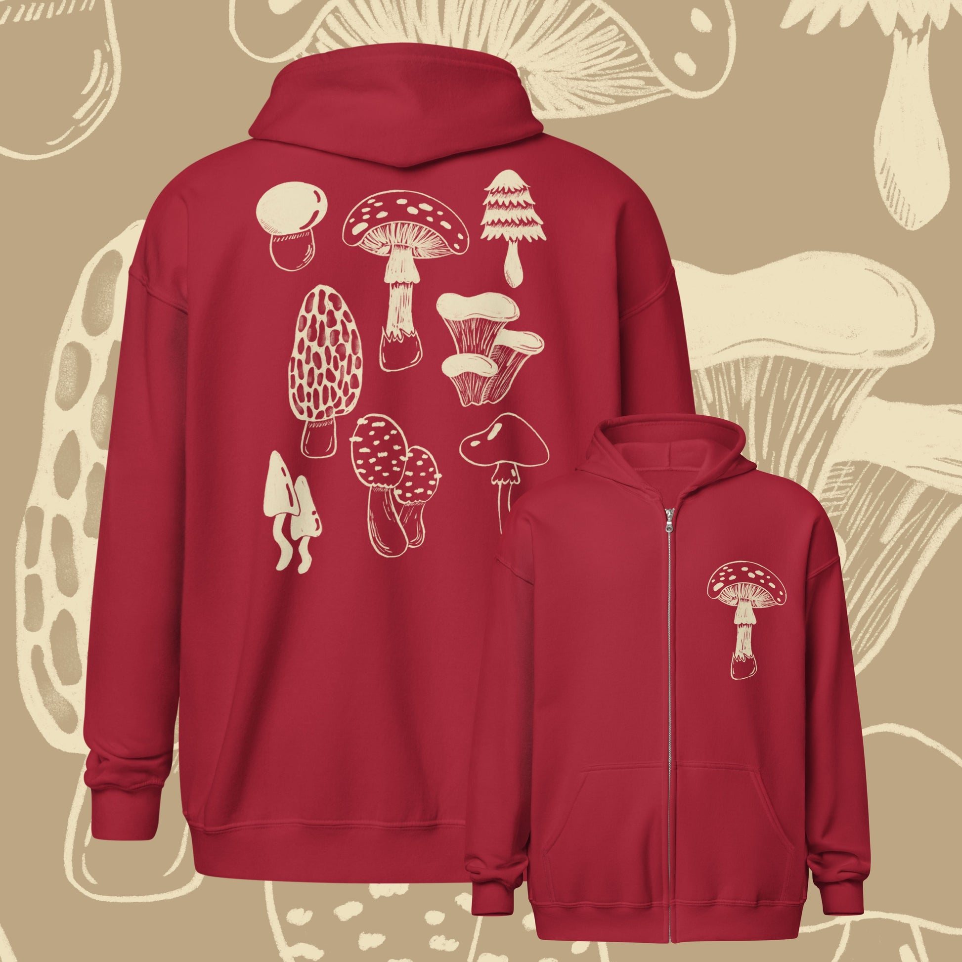 A red hoodie shown from the back and front, featuring white mushroom illustrations. The larger back view shows multiple mushroom designs across the back, while the smaller front view shows a single matching mushroom graphic on the left chest.