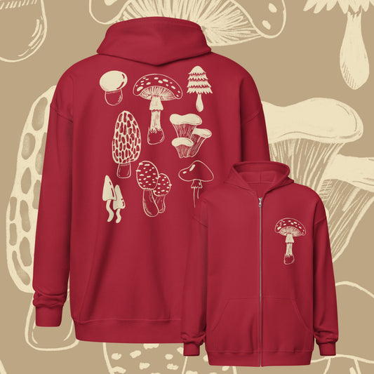 A red hoodie shown from the back and front, featuring white mushroom illustrations. The larger back view shows multiple mushroom designs across the back, while the smaller front view shows a single matching mushroom graphic on the left chest.