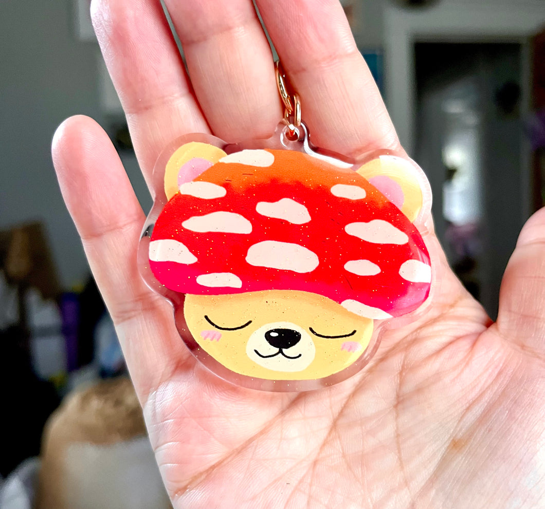 Mushroom Bear Glitter Acrylic Keychain